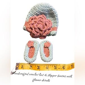 Crocheted Doll Hat & flower booties slipper set clothing accessories Handcrafted